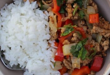 Taco Turkey, Basmati Rice and Sauteed Peppers and Onions